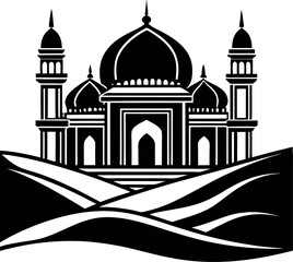 Black and white Islamic mosque vector design, perfect for use in Ramadan campaigns, event posters, and traditional decorations.