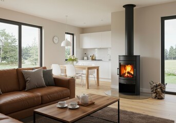 Living room interior with fireplace and brown leather sofa