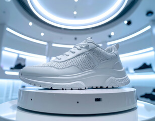 Futuristic Sneaker Design White Low-Top Shoe on Rotating Display in Modern Boutique