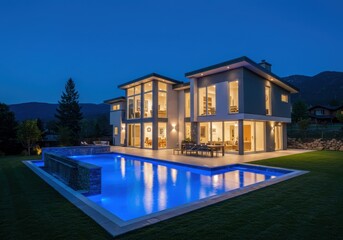 Fototapeta premium Modern house with swimming pool illuminated at twilight