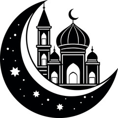 Black and white Islamic mosque vector design, perfect for use in Ramadan campaigns, event posters, and traditional decorations.