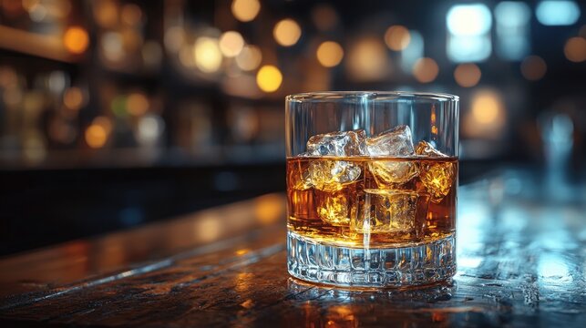 Whiskey in a tumbler with ice on a bar