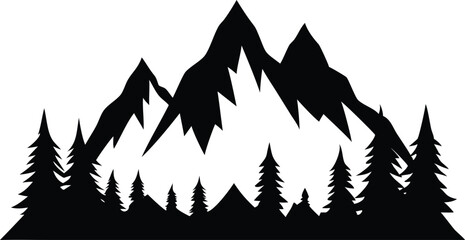 Mountain peaks rise behind tall pine trees in this wilderness silhouette landscape
