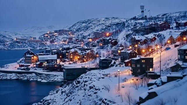 Snowy Hammerfest in Finnmark, Norway during twilight with lights reflecting on the water, Hammerfest City, Finnmark, Norway