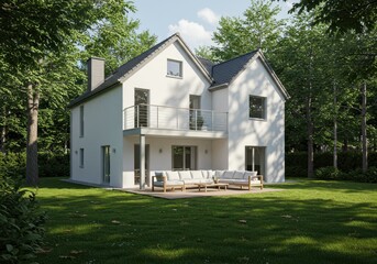 Modern white house with outdoor furniture and green garden landscape