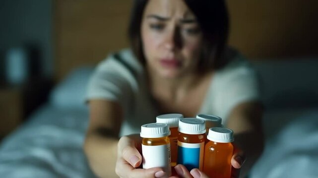 Individual surrounded by various medications showing self-medication concerns


