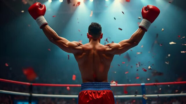 Victorious boxer with raised arms in boxing ring, backlit by stadium lights with confetti falling. Dramatic victory moment captures the raw emotion of sporting triumph