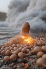 Egg atop glowing sand, surrounded by eggs, near water