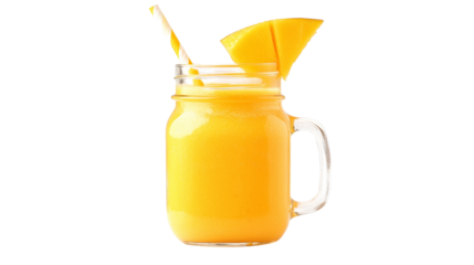 A fresh mango smoothie with a slice of mango on the rim, served in a mason jar, Transparent background, PNG file
