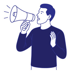 Man shouting into a megaphone. Concept for announcement, advertising, and promotion.