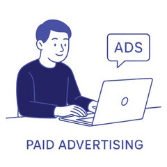 Man using laptop for paid advertising with ads message bubble. Digital marketing concept.