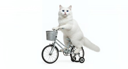 Fluffy White Cat with Blue Eyes Rides Bicycle Isolated on White Background Playful Feline Cycling Humorously Against Plain Backdrop Studio Shot for Graphic Design Animal Themes