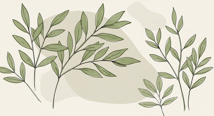 Fototapeta premium Elegant Green Botanical Illustration Line Art Leaves Branches Design
