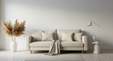 Beige sofa in bright living room with pampas grass and floor lamp minimalist interior design concept