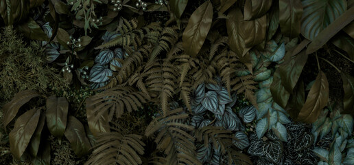 Mixed leaves, green leaves, abstract texture, tropical leaves, natural dark green background.	PHOTO