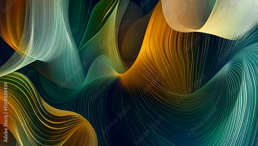Poster abstract flowing lines artistic background in shades of green and gold creating a dynamic flowing de