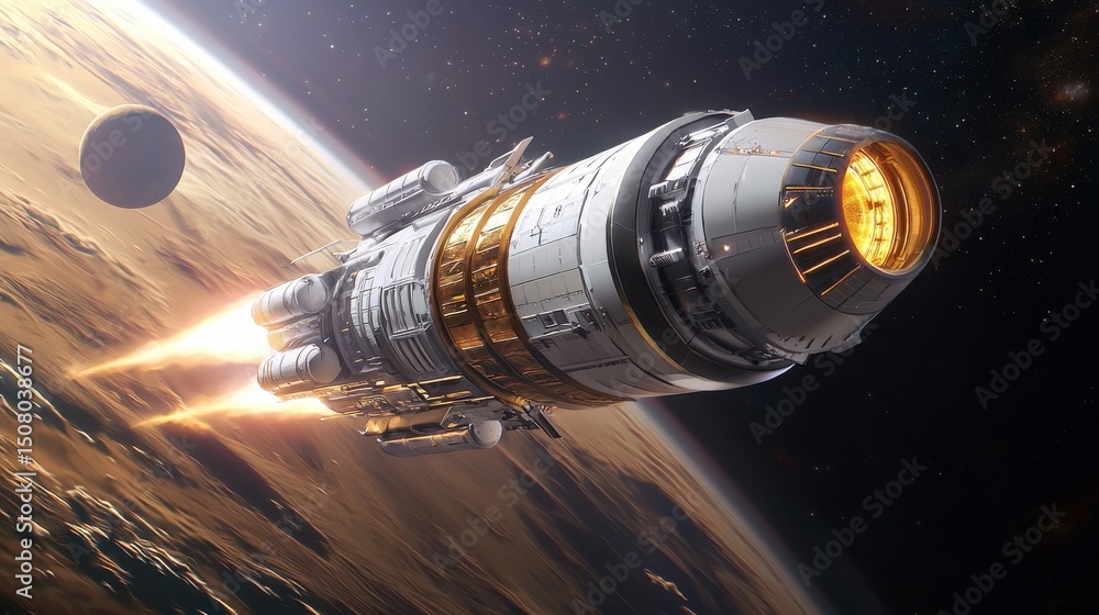 Poster a powerful rocket spacecraft with advanced engines and propulsion systems designed for ambitious lon