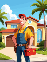 Professional friendly handyman in Florida, smiling middle-aged man in uniform with a toolbox