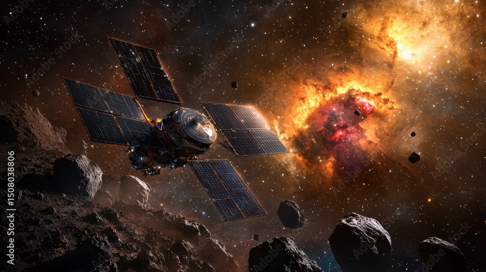 Poster a powerful rocket spacecraft navigates through the vibrant colors and cosmic wonders of a distant un
