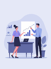 two people in an office setting, one sitting at the desk with a laptop and the other standing, pointing to a whiteboard on the wall showing a growth chart