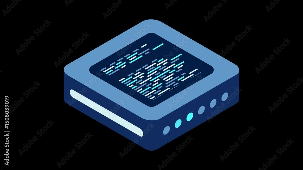 Poster Isometric futuristic server animation. Isometric database or data center. Abstract blockchain. Computer storage. Cloud storage. Transparent background with alpha channel