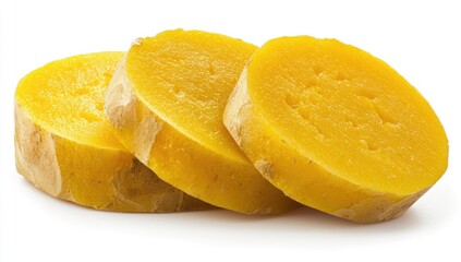 Three slices of a yellow root vegetable.