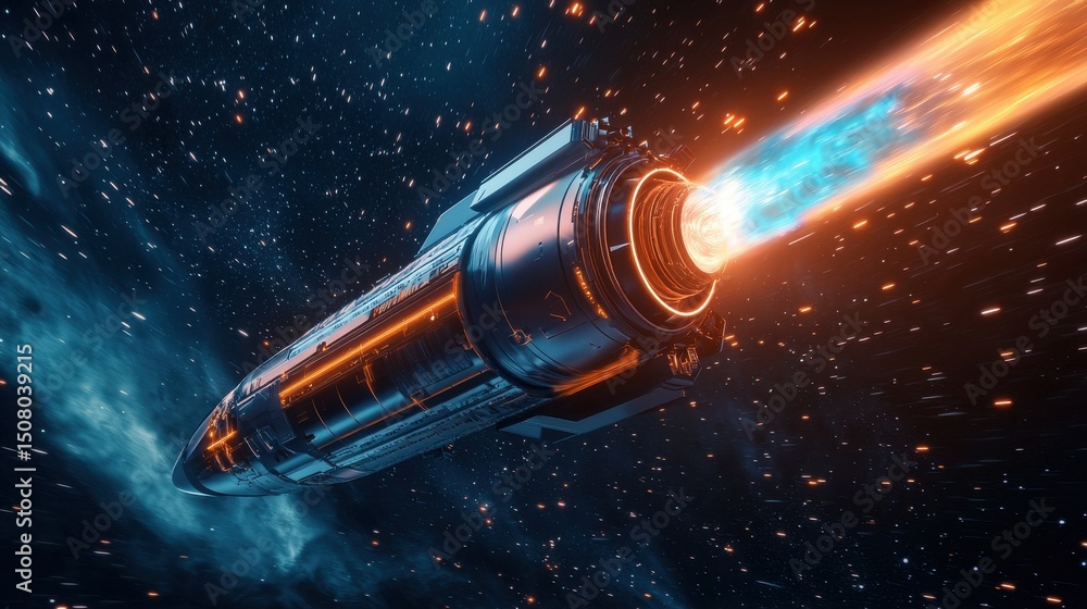 Poster a powerful rocket with advanced ion propulsion systems ignites its engines generating a brilliant di