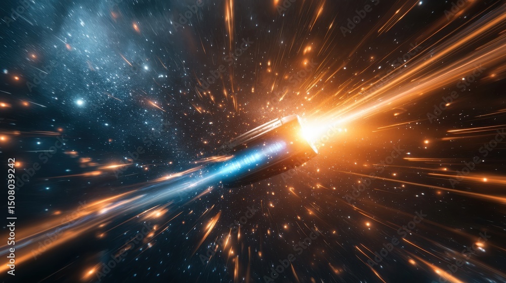 Poster a powerful rocket igniting with advanced ion propulsion systems creating a dazzling display of light