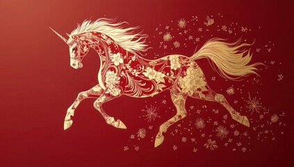 A unicorn is depicted in a red background with gold accents