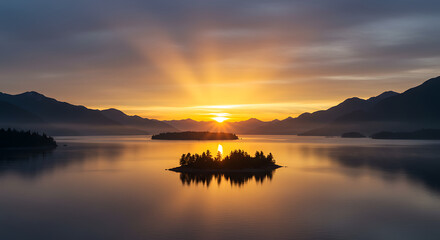 Serene Sunrise over Mountain Lake with Island Silhouette Golden Hour Landscape Photography