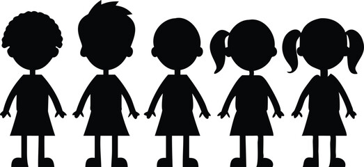 Silhouette group of children stand together, including three girls and two boys wearing skirts