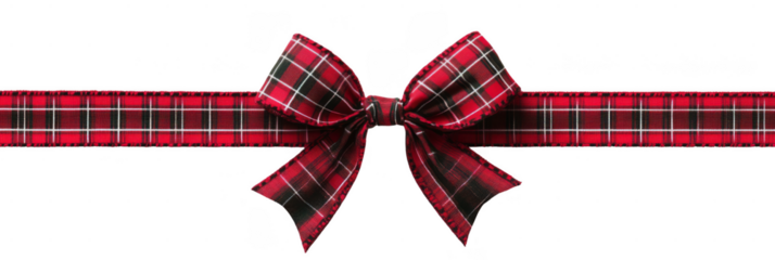 Red plaid ribbon tied in a decorative bow with symmetrical loops and tails.