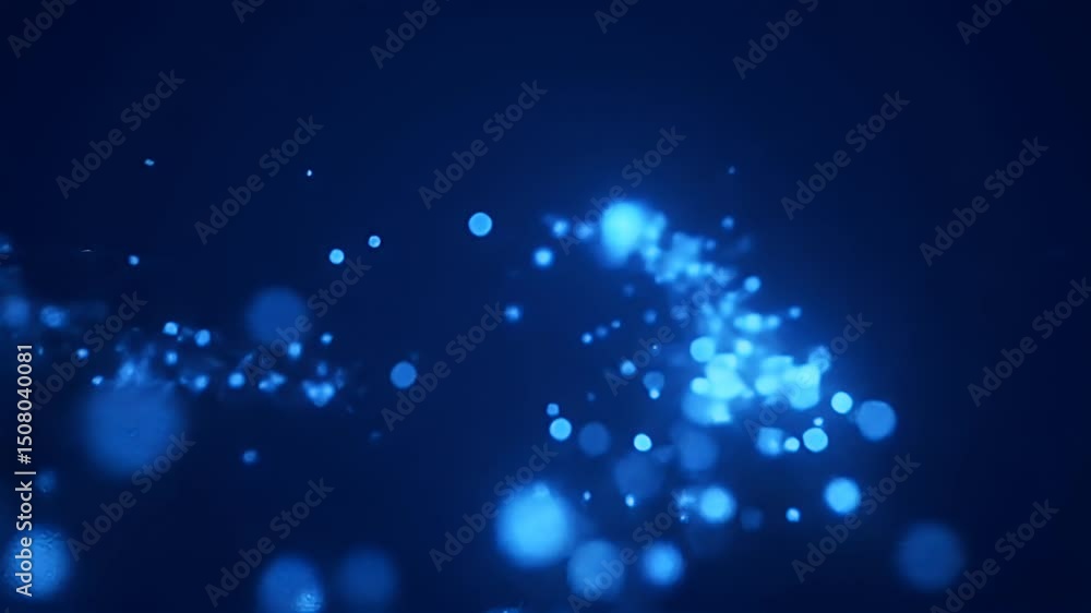 Poster glowing blue particles flowing dynamically across dark background