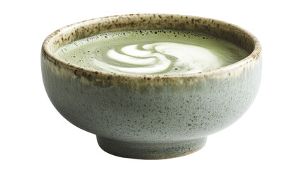 A frothy matcha latte with a swirl of foam on top, served in a ceramic bowl,Transparent background, PNG file