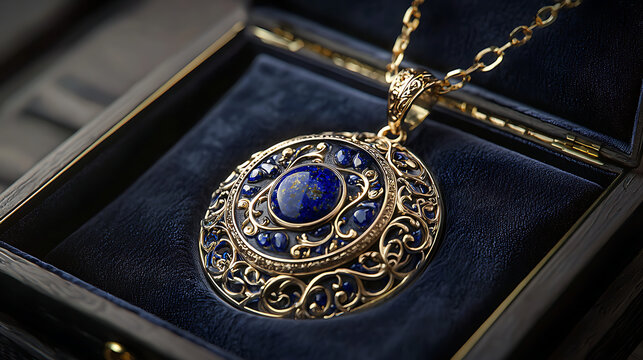 An opulent golden pendant, intricately detailed and set with a large, vibrant lapis lazuli stone, rests in a plush, dark blue velvet jewelry box