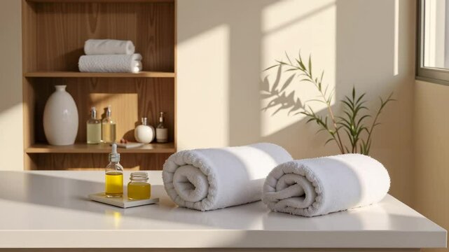 Cozy bathroom scene with rolled towels and essential oils on table  