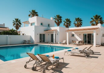 Fototapeta premium Modern white villa with swimming pool and palm trees under blue sky