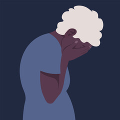 Elderly African woman in despair. Depression and stress. Grandma is crying. Portrait in profile. Side view. Vector illustration in flat style