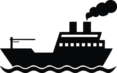 Silhouette of a ship sails smoothly over the wavy ocean with dark smoke billowing