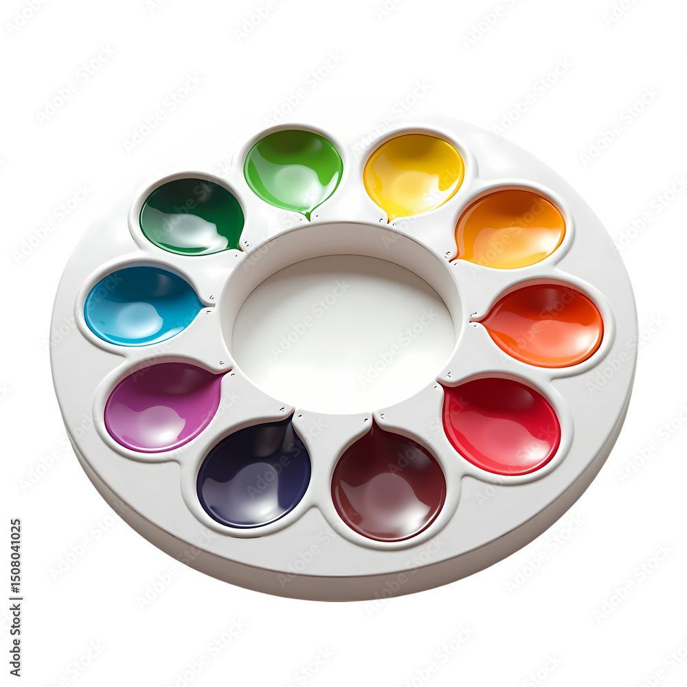 Poster a circular white paint palette filled with different colors of paint in a studio setting view isolat