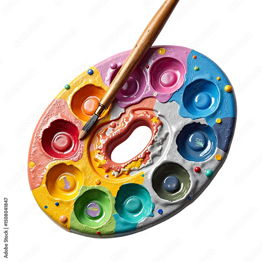 Poster a colorful paint palette with various colors and a paintbrush resting on top of the palette art isol