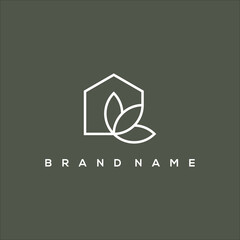 line art minimalist icon house with leaves or plants logo vector