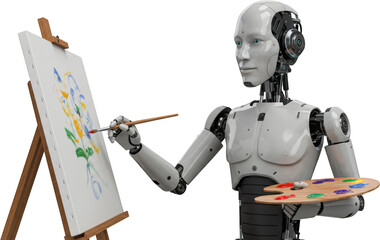 Naklejka premium Futuristic Robot Artist Painting Vibrant Floral Artwork on Easel