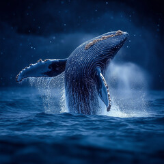 A whale is jumping out of the water. The image has a calm and peaceful mood. The whale is the main focus of the image, and it is the most prominent element. The water is blue, and the sky is dark