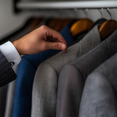 A man is reaching for a jacket on a rack. The jacket is grey and has a shiny surface