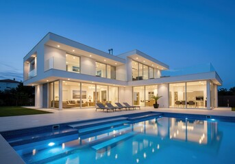 Fototapeta premium Modern house with swimming pool reflecting the evening sky at dusk