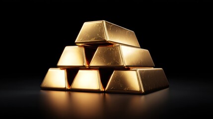 Stack of gold bars or ingots on a dark reflective surface.