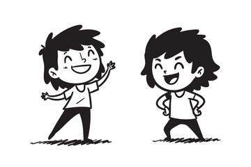 Happy Kids Cartoon Outline Illustrations 2 Character Set