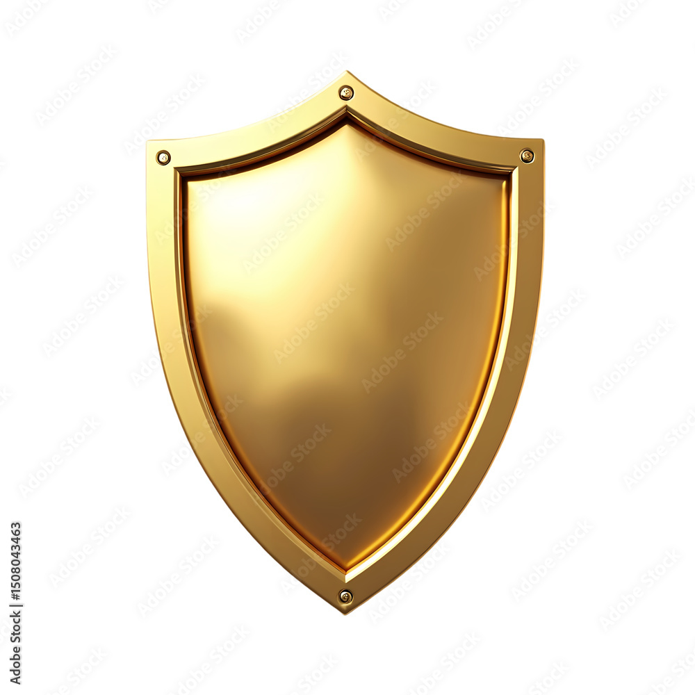 Poster a shiny golden shield with rivets in each corner isolated on a black plain background in the center 