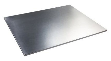 Flat brushed stainless steel or aluminum metal sheet with smooth reflective surface isolated on transparent background